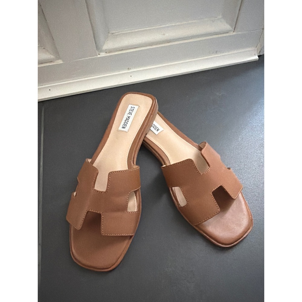 Steve Madden Hadyn Cognac Leather H-Band Slide Sandals Square Toe Tan  9.5 M